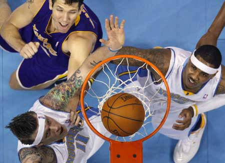 Denver Nuggets center Andersen scores during NBA Western Conference final basketball playoff game in Denver