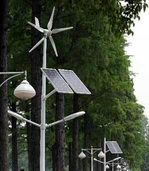 The picture taken on May 18, 2009 shows the 'green street lamps' driven by wind power are installed in Donghu area in Wuhan, central China's Hubei Province. With total installed capacity of 12 million kilowatts, China has become the world's fourth country in wind power-installed capacity, an official said on Saturday in Beijing.