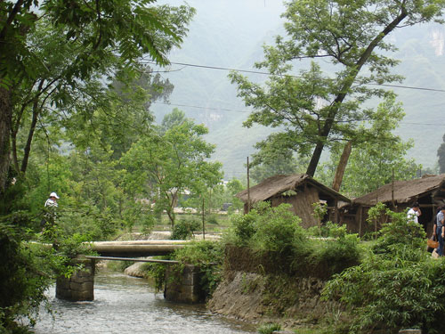 A makeshift bridge crosses the river