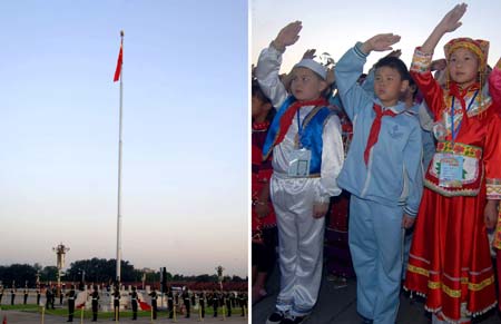 The combined photo shows children making Young Pioneer salute (R) as the national flag is being raised (L) during the flag-raising ceremony at Tiananmen Square in Beijing, capital of China, June 1, 2009. Students from Zhongguancun No.3 Elementary School in Beijing and students of various nationalities from 54 other schools around the country attended the flag-raising ceremony at Tiananmen Square to celebrate the International Children's Day.(Xinhua/Gong Lei) 