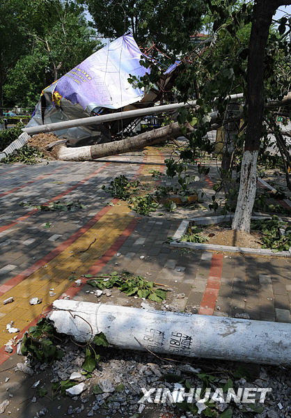 A power pole is seen falling on the ground on June 4, 2009 after a strong storm Wednesday night in Shangqiu city of central China's Henan Province. [Xinhua]