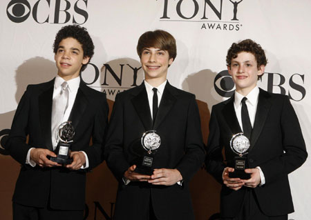 (L-R) David Alvarez, Kiril Kulish and Trent Kowalik accept awards for best performance by a leading actor in a musical for 'Billy Elliot, The Musical' during the 63rd annual Tony Awards ceremony in New York, June 7, 2009.