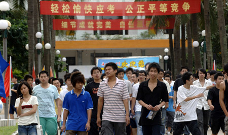  Students walk out after finishing their college entrance exam at the Haikou No.1 Middle School in Haikou, capital of south China's Hainan Province, June 9, 2009. [Zhao Yingquan/Xinhua]