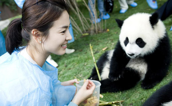 South Korean actress Song Hye-Kyo plays with giant pandas during her visit to a panda breeding center in Chengdu, southwestern China's Sichuan Province. She has been named 'Asia's panda ambassador'. She says she is looking forward to adopting a panda in the near future. 