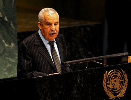 Ali Treki, currently serving as Libya's minister for African Union affairs, speaks at the UN headquarters in New York, the United States, June 10, 2009. Libyan diplomat Ali Treky was elected on Wednesday as president of the 64th session of the UN General Assembly (GA) by acclamation at a plenary meeting of the 192-member body. [Xinhua]