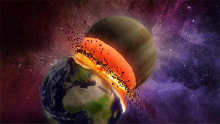 This undated handout illustration provided by Nature Publishing group shows what a collision between Earth and Venus might look like. A force known as orbital chaos may cause our Solar System to go haywire, leading to possible collision between Earth and Venus or Mars, according to a study.[Xinhua/AFP]