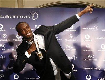 Olympic gold medallist Usain Bolt. of Jamaica, poses for a photograph in Toronto after winning the 2009 Laureus World Sportsman of the Year Award on Wednesday, June 10, 2009.[The Canadian Press, Nathan Denette/CCTV/AP Photo] 
