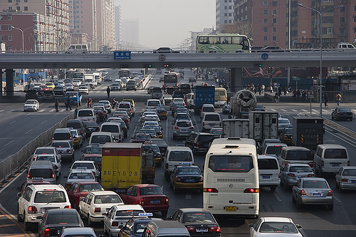 As China develops and more people start to buy cars, traffic jams are moving from the bike lanes to the car lanes. 