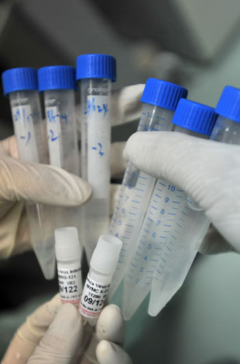 Researchers inoculate the virus strains of the influenza A/H1NI for cuvette cultivation of its vaccination, at a lab of the Wuhan Institute of Biological Products in Wuhan, central China's Hubei Province, June 17, 2009. [Xinhua]