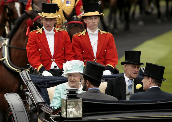 Queen Elizabeth II and Prince Philip, Duke of Edinburgh arrive for Ladies' Day at Royal Ascot. The Royal Enclosure has a strict dress code -- male attendees must wear full morning dress including a top hat, whilst ladies must wear hats.[CFP]