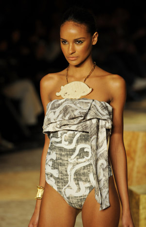 A model presents a creation from Agua de Coco during the Sao Paulo Fashion Week in Sao Paulo, Brazil, on June 19, 2009. Agua de Coco is a well-known Brazilian brand of beachwear established in 1985.