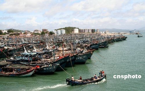 Linfa, the third tropical storm for this year, landed in east China's Fujian Province Sunday evening. Fishing boats take shelter from the storm in the harbor of Dongshan.