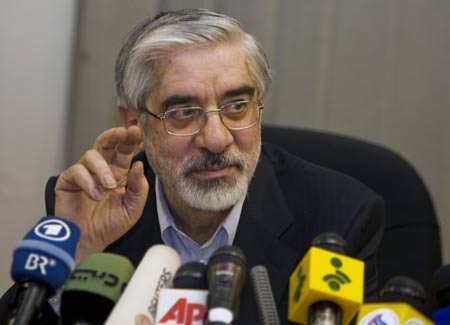 Iran's presidential election candidate Mirhossein Mousavi speaks during a news conference in Tehran June 12, 2009.