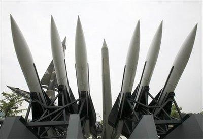 A North Korean mock Scud-B missile, center, and other South Korean mock missiles are displayed at the Korea War Memorial Museum in Seoul, South Korea, Saturday, July 4, 2009. [Ahn Young-joon/AP Photo] 