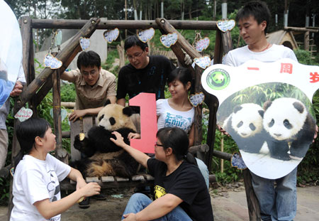 Workers pose with giant panda 'Ping Ping' as they celebrate the birthday of giant panda twins 'Ping Ping' and 'An An' at the Bifengxia breeding base in Ya'an City of southwest China's Sichuan Province, July 6, 2009. [Jiang Hongjing/Xinhua]