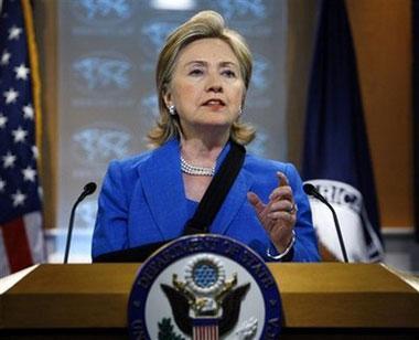 U.S. Secretary of State Hillary Clinton speaks during a news conference after meeting privately with ousted Honduran President Manuel Zelaya at State Department in Washington on Tuesday July 7, 2009.[Jose Luis Magana/CCTV/AP Photo] 