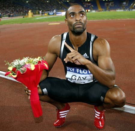Tyson Gay of United States gestures after winning the men's 100 meters during the IAAF Golden Gala in Rome's Olympic stadium, Friday, July 10, 2009.