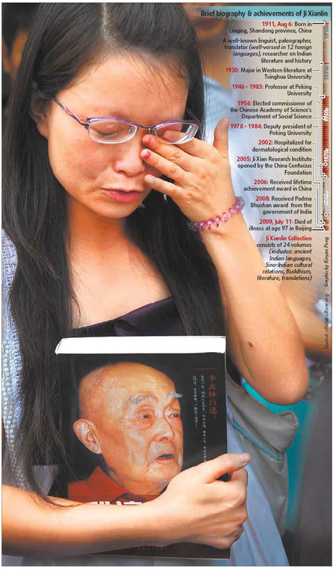A student mourns Ji Xianlin at a memorial service yesterday in the auditorium at Peking University. 
