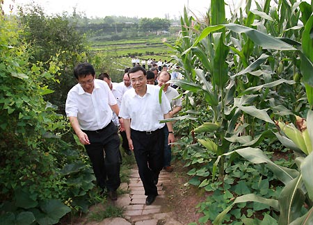 Chinese Vice Premier Li Keqiang (R) inspects the industrialized operation of agriculture at the farmland in Poshi Village of Jiangjin District in southwest China's Chongqing Municipality, July 10, 2009. Li made an inspection tour in Chongqing on July 10-11.