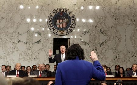 US Supreme Court nominee Judge Sonia Sotomayor is sworn-in to testify during her US Senate Judiciary Committee confirmation hearings on Capitol Hill in Washington July 13, 2009. [China Daily/Agencies]
