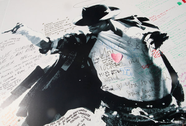 The tribute wall at a vigil for Michael Jackson on the scheduled first night of his UK tour at the O2 Arena on July 13, 2009 in London, England.