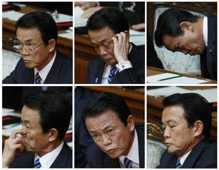 A combination photo shows the Japanese Prime Minister Taro Aso attending a session of Parliament in Tokyo July 14, 2009. Japan's upper house, controlled by the opposition bloc, approved a censure motion against Prime Minister Taro Aso, further embarrassing the embattled leader ahead of the general election scheduled on Aug. 30. [Xinhua/Reuters]