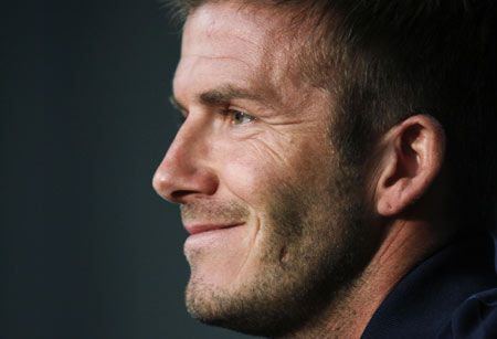 Los Angeles Galaxy soccer player David Beckham attends a press conference in Hoboken, New Jersey, July 15, 2009. Beckham will make his return to MLS league play when the Galaxy play the New York Red Bulls July 16. (Xinhua/Reuters Photo) 