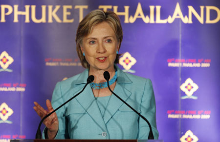U.S. Secretary of State Hillary Clinton speaks during a news conference at the Association of Southeast Asian Nations (ASEAN) Regional Forum in Phuket July 22, 2009.
