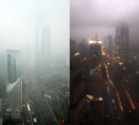 Combo photo taken on July 22, 2009 shows the landscape of Shanghai before (L) and during the full solar eclipse occurring over east China's Shanghai. As full solar eclipse occured, the city illumination of main roads and airports were switched on for safe traffic.(Xinhua Photo) 