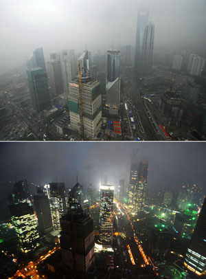 Combo photo taken on July 22, 2009 shows the landscape of Shanghai before (up) and during the full solar eclipse occurring over east China's Shanghai. As full solar eclipse occurred, the city illumination of main roads and airports were switched on for safe traffic. (Xinhua Photo)