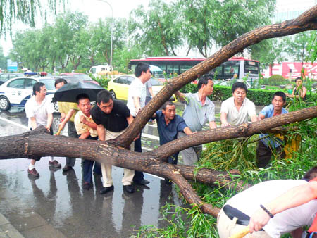 Chinese people help remove a tree broken by strong wind in a heavy rainfall as the traffic is blocked on a road in Beijing, capital of China, July 22, 2009. A heavy rainfall hit China's capital city Wednesday evening. 
