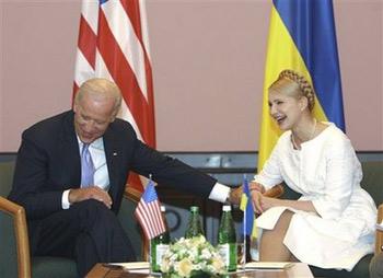 U.S. Vice President Joe Biden, left, meets Ukraine's Prime Minister Yulia Tymoshenko in Kiev, Ukraine, Tuesday, July 21, 2009. Biden arrived in Ukraine for a three-day working visit.[Olexander Prokopenko/CCTV/AP Photo/Pool] 