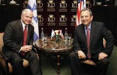 U.S. Defense Secretary Robert Gates, left, and his Israeli counterpart Ehud Barak meet at a Jerusalem hotel Monday, July 27, 2009. [Jack Guez, Pool/CCTV/AP Photo] 