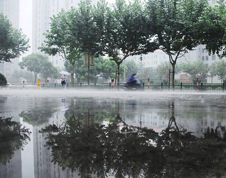 Pedestrians walk in water after a heavy rain hit Shanghai, China, July 30, 2009. A summer heavy rain which triggered red alert hit Shanghai city Thursday. [Xinhua]