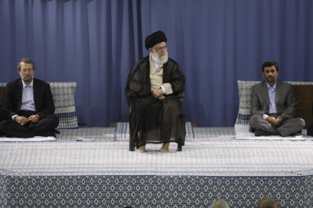 Iran's Supreme Leader Ayatollah Ali Khamenei (C), Mahmoud Ahmadinejad (R) and Iran's Parliament Speaker Ali Larijani are seen during an official ceremony in Tehran, capital of Iran, Aug. 3, 2009. Ayatollah Ali Khamenei formally endorsed Mahmoud Ahmadinejad as president on Monday against the backdrop of opposition leaders' outcry for investigating the disputed presidential elections in June, the English-language Press TV reported.[Xinhua]