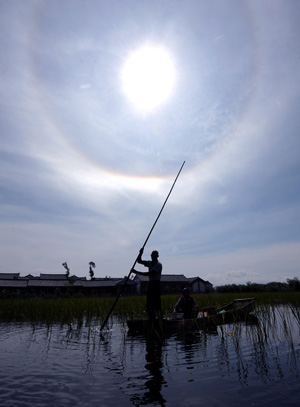 A woman of Bai ethnic group rows in the sun on West Lake, in Eryuan County, Dali Bai Autonomous Prefecture, southwest China's Yunnan Province, Aug. 3, 2009. Dali is the only autonomous prefecture of Bai ethnic group in China and has a population of 3,470,000 with one third of which from Bai.[Liu Yu/Xinhua]