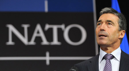 New NATO secretary-general Anders Fogh Rasmussen addresses his first press conference at NATO headquarters in Brussels, Belgium on Aug. 3, 2009. Rasmussen began his first day work on Monday. Rasmussen's tenure officially started on Aug. 1.[Xinhua]