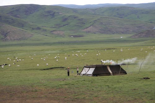 Herdsmen who live in a tent cook their supper on the Qinghai-Tibet Plateau on August 1, 2009. [Photo: CRIENGLISH.com/Hu Weiwei]