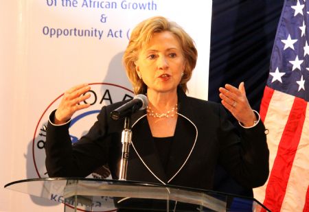 U.S. Secretary of State Hillary Clinton addresses the opening ceremony of the Eighth Africa Growth and Opportunity Act (AGOA) Forum in Nairobi, capital of Kenya, Aug. 5, 2009. [Xinhua]