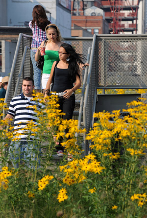 People enjoy themselves at the High Line Park in Manhattan, New York, the United States, on Aug. 4, 2009. [Xinhua]