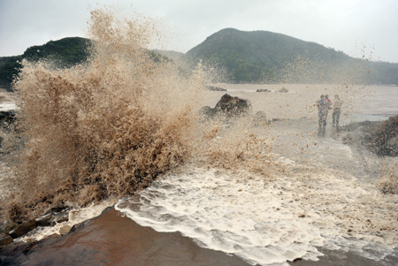 Waves from approaching Typhoon Morakot hit a dike in Cangnan County, east China's Zhejiang Province, Aug. 8, 2009. [Wang Dingchang/Xinhua] 
