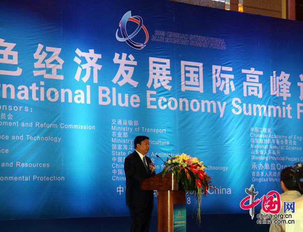 Jiang Daming, Governor of Shandong Province, addressed the 2009 Qingdao International Blue Economy Summit Forum that opened in Qingdao, the main port of east China's Shandong Province Monday. [Zhang Lin/China.org.cn]