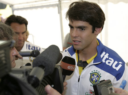 Brazil's Kaka speaks to the media as he arrives for a training session in Tallinn August 11, 2009. Brazil will play a friendly soccer match against Estonia on Wednesday.