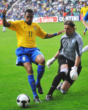 Brazil's Robinho is seen during a friendly soccer match against Estonia at the A Le Coq Arena in Tallinn, Estonia, Wednesday, Aug. 12, 2009.