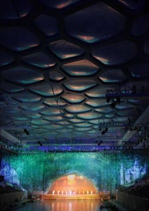 Members of the Russian Imperial Ballet perform Swan Lake at the Beijing Olympics swimming competition pool at the National Aquatics Centre, also known as the Water Cube, in Beijing August 13, 2009.(Photo Source:chinadaily.com) 