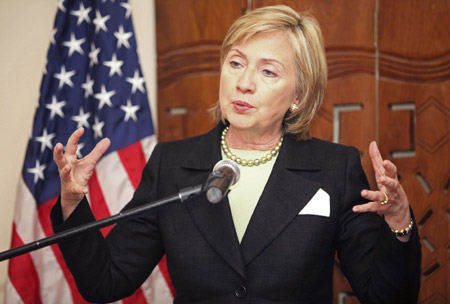 U.S. Secretary of State Hillary Clinton speaks to the media during a visit to the Foreign Minister's Residence in Abuja August 12, 2009.