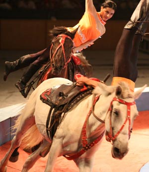 Members of a Russian circus performs in Taizhou Gymnasium in Taizhou, east China's Jiangsu Province, Aug. 17, 2009. (Xinhua/Gu Jun) 