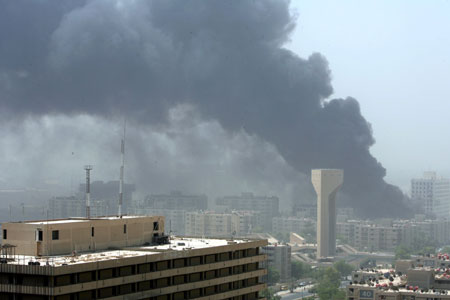 Smoke billows from the scene of a car bomb in front of the foreign ministry in central Baghdad. At least 45 people were killed in a wave of attacks in Baghdad, including two massive truck bombings, on the bloodiest day in the capital for almost two months, health and security officials said