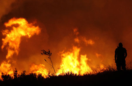 A man is silhouetted in front of a forest fire in Grammatiko village northeast of Athens August 22, 2009. A large wildfire raged out of control on the outskirts of Athens on Saturday, burning several homes and thousands of acres of forest. [Xinhua/Reuters]