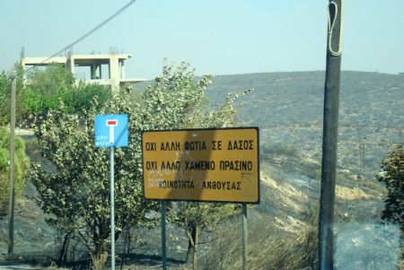 Photo taken on August 24, 2009 shows the fire-stricken mountain in a town in northern Athens, capital of Greece. Greek fire brigade officials on Monday afternoon appeared confident that efforts to extinguish the last remaining wildfires in Attica prefecture would be successful by nightfall, with the emphasis now shifting to preventing any rekindling of fires. 